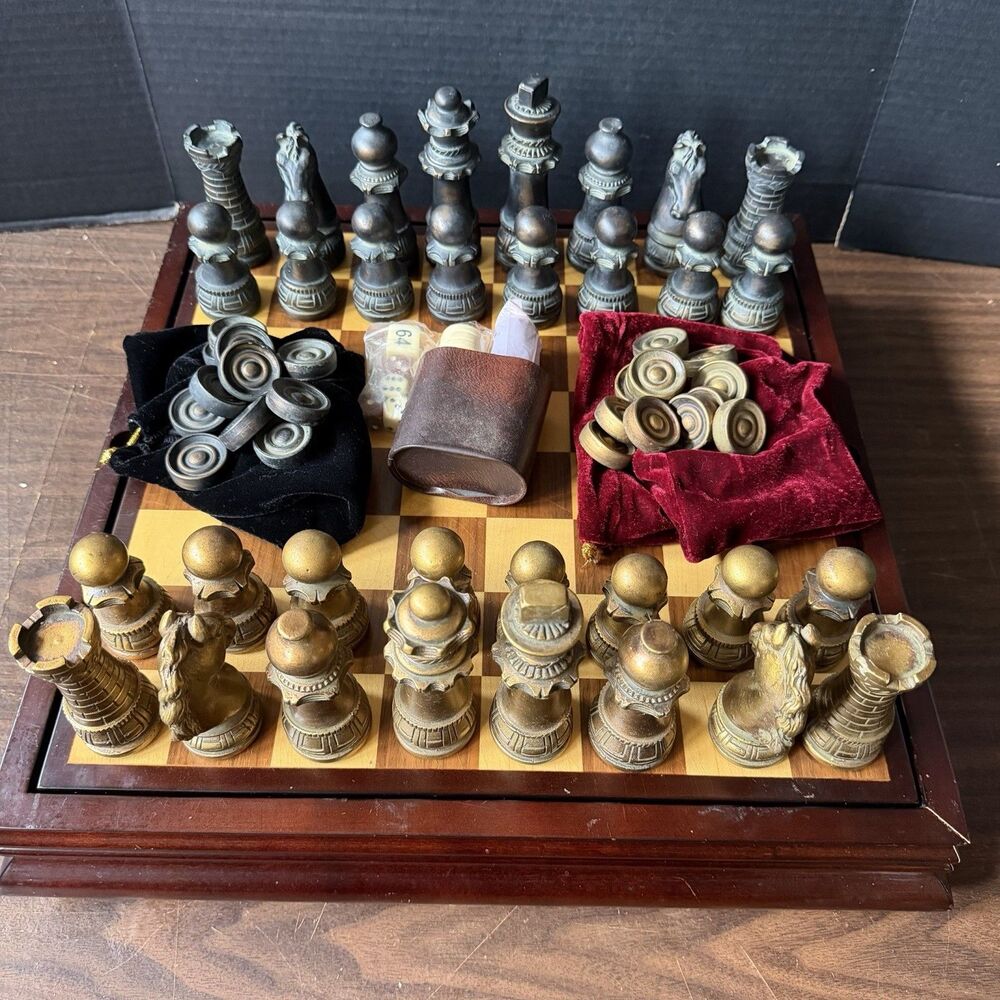 Vintage Bombay Company Chess Set Checkers Backgammon Dice Wooden Board Pre-Owned
